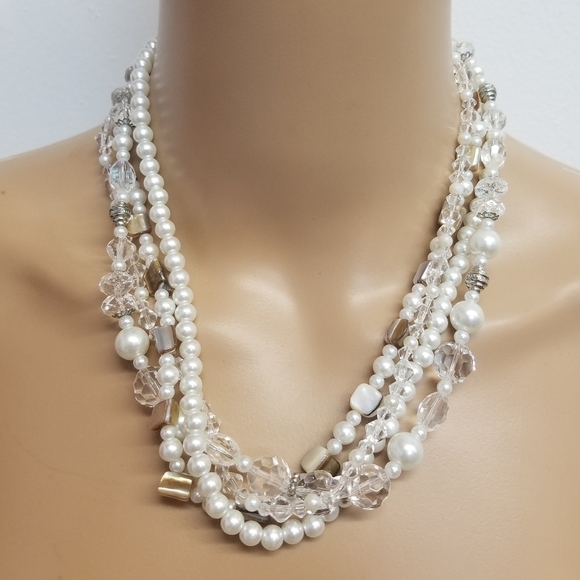 VINTAGE FAUX PEARL, FACETED CRYSTAL & ABALONE SHELL BEADED LAYERED NECKLACE - Picture 1 of 5